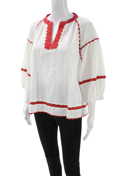 Rose And Rose Womens Tunic Blouse V-Neck 3/4 Sleeve Cotton White Size L