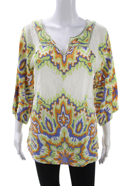 Robert Graham Women Tunic Blouse Silk V-Neck Multicolor 3/4 Sleeve Size S