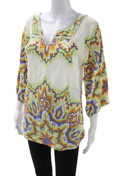 Robert Graham Women Tunic Blouse Silk V-Neck Multicolor 3/4 Sleeve Size S
