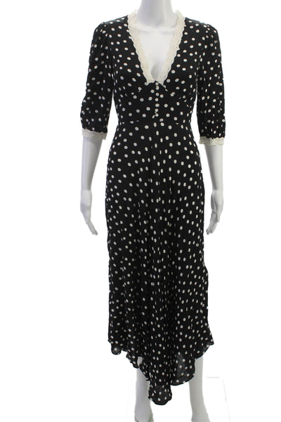 Rixo Women Black Polka Dot V Neck 3/4 Sleeve Maxi Dress Viscose Size 2