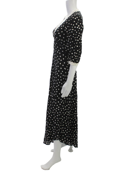 Rixo Women Black Polka Dot V Neck 3/4 Sleeve Maxi Dress Viscose Size 2