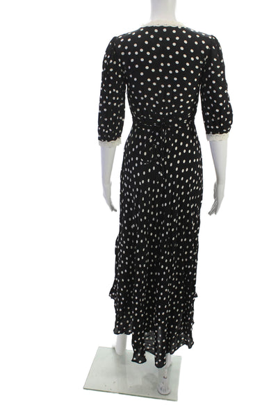 Rixo Women Black Polka Dot V Neck 3/4 Sleeve Maxi Dress Viscose Size 2