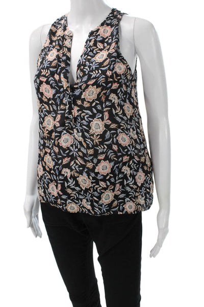 Joie Women Silk V-Neck Floral Sleeveless Blouse Black Basic Pullover Size 2XS