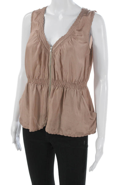 J Crew Womens Basic Silk Sleeveless V Neck Zip Blouse Beige Size 0
