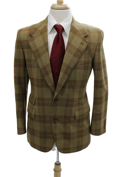 Designer Mens Green Wool Plaid Blazer Size 38