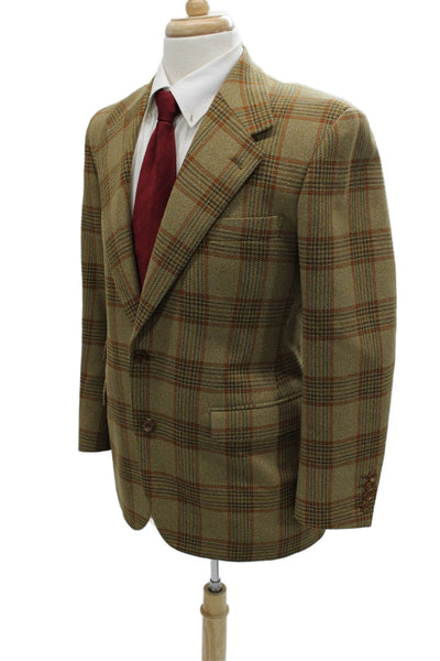 Designer Mens Green Wool Plaid Blazer Size 38