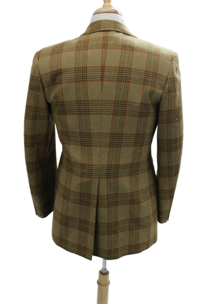 Designer Mens Green Wool Plaid Blazer Size 38