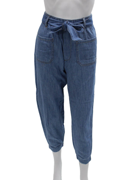 Zara Women Jogger Pants Blue Cotton Drawstring High Rise Size XS