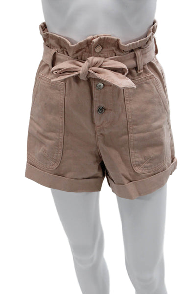 Zara Womens Paperbag Shorts Pink Cotton Button Solid Size 2