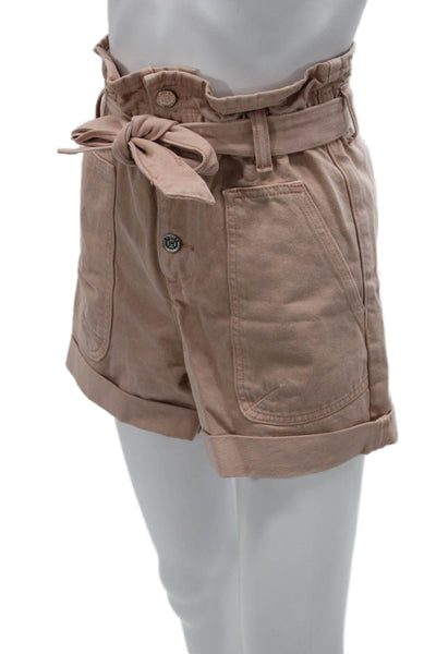 Zara Womens Paperbag Shorts Pink Cotton Button Solid Size 2