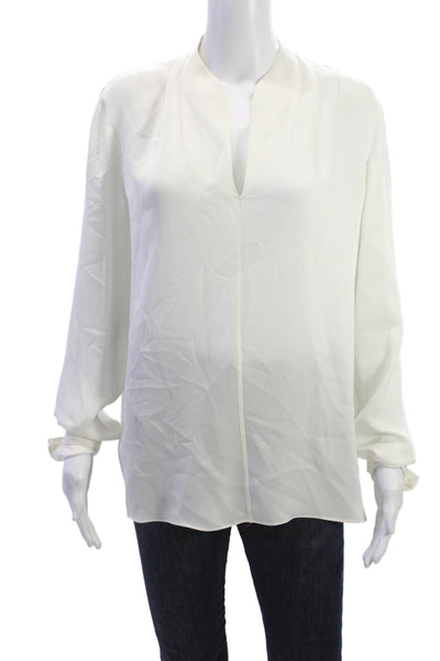Elie Tahari Womens Silk V-Neck Long Sleeve Blouse White Pullover Size L