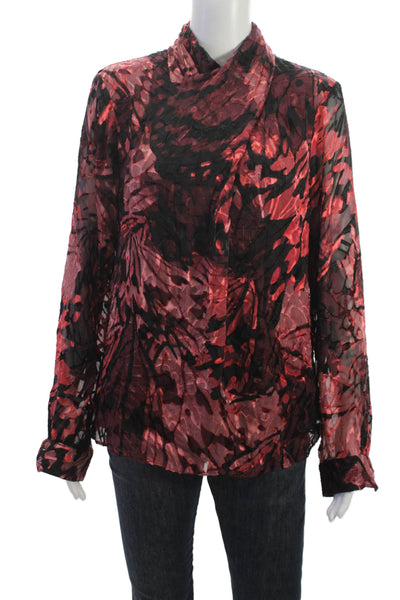 Elie Tahari Women Red Floral Viscose Cowl Neck Long Sleeve Blouse Size L