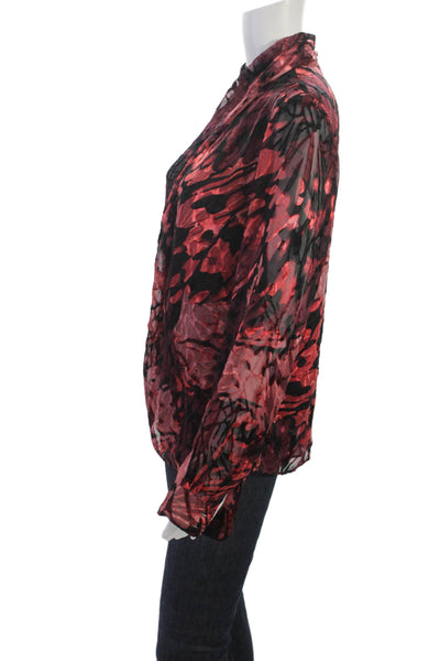 Elie Tahari Women Red Floral Viscose Cowl Neck Long Sleeve Blouse Size L