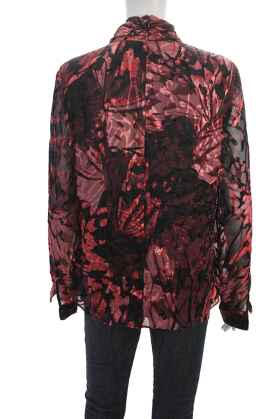 Elie Tahari Women Red Floral Viscose Cowl Neck Long Sleeve Blouse Size L