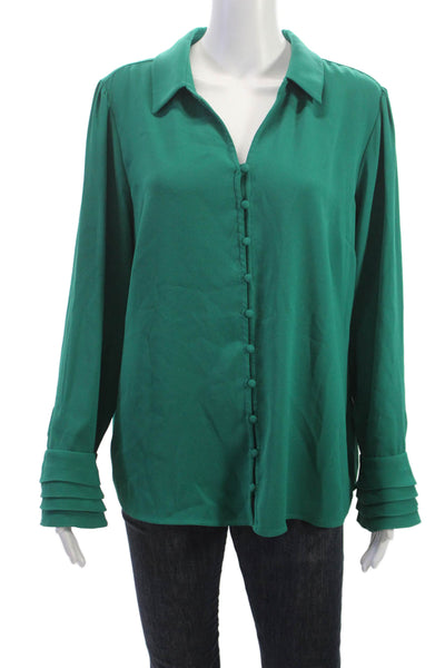 Soft Surroundings Womens Green Collared Long Sleeve Polyester Blouse Size L