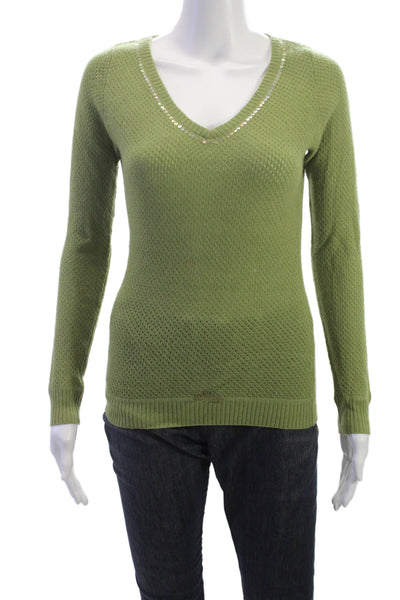 Kier + J Womens Cashmere V Neck Pullover Green Long Sleeve Size XS