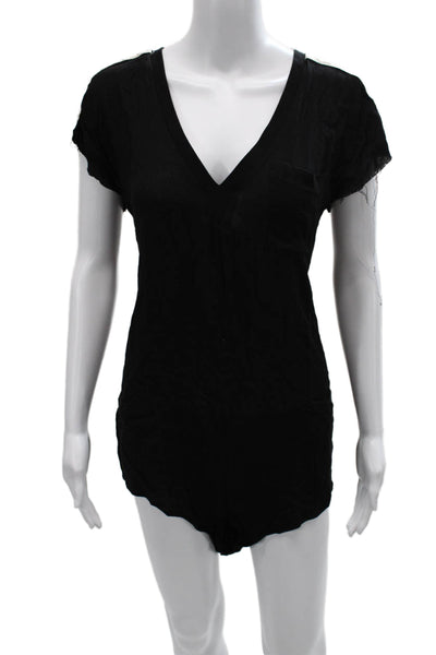 One by One Teaspoon Womens Black V-Neck Cotton Romper Short Sleeve Zip Size XS