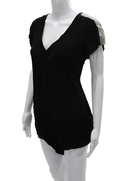 One by One Teaspoon Womens Black V-Neck Cotton Romper Short Sleeve Zip Size XS