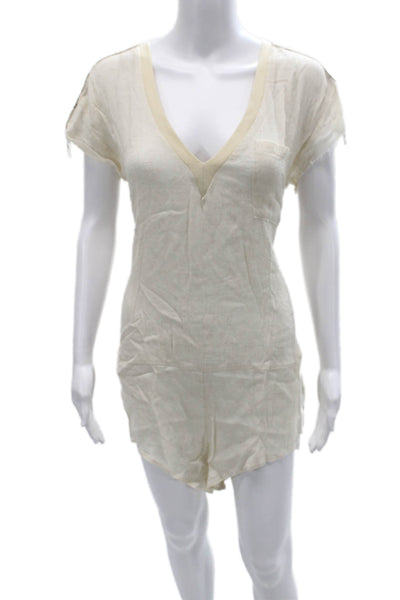 One by One Teaspoon Women Ivory Cotton V-Neck Short Sleeve Romper Zip Size XS