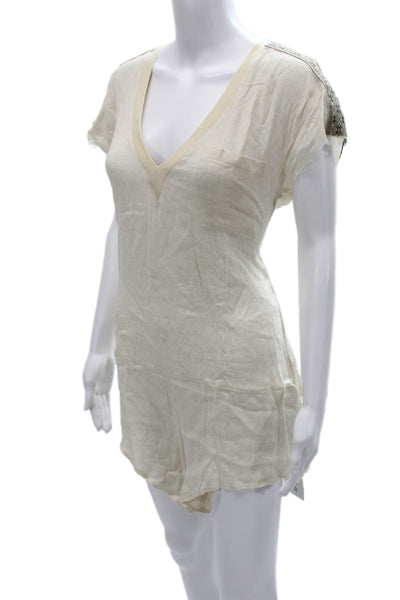 One by One Teaspoon Women Ivory Cotton V-Neck Short Sleeve Romper Zip Size XS