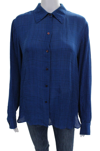 DKNY Women Silk Check Collared Button Up Long Sleeve Top Size 10