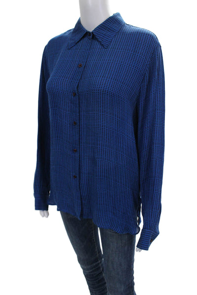 DKNY Women Silk Check Collared Button Up Long Sleeve Top Size 10