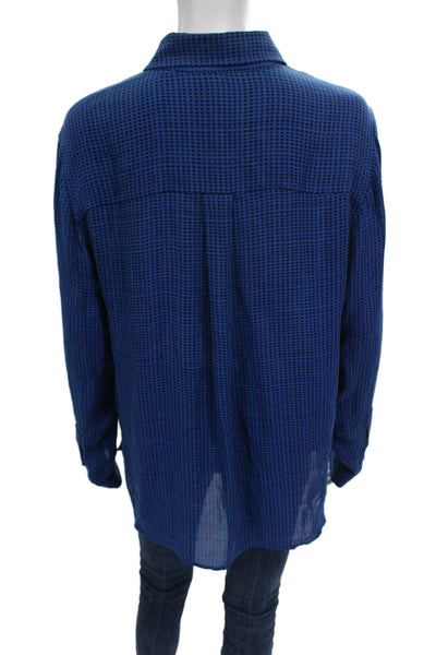 DKNY Women Silk Check Collared Button Up Long Sleeve Top Size 10