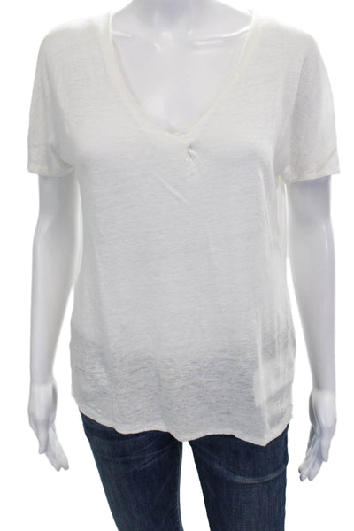 Massimo Dutti Women T-Shirt White Linen Blend V-Neck Short Sleeve Size XS
