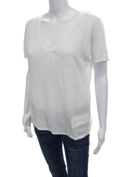 Massimo Dutti Women T-Shirt White Linen Blend V-Neck Short Sleeve Size XS