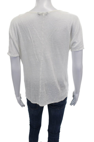 Massimo Dutti Women T-Shirt White Linen Blend V-Neck Short Sleeve Size XS