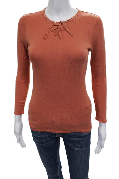 Doen Womens Basic Orange Cotton Round Neck Long Sleeve T-Shirt Size S