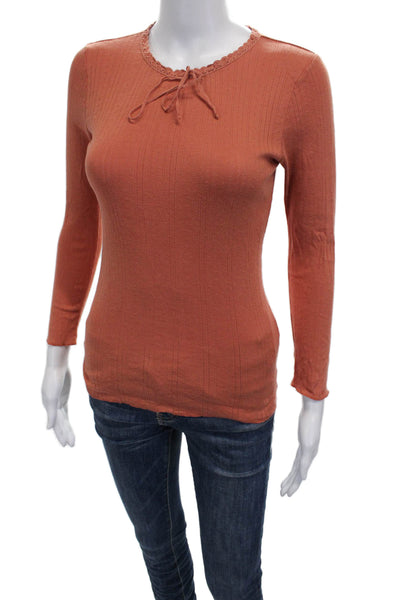Doen Womens Basic Orange Cotton Round Neck Long Sleeve T-Shirt Size S