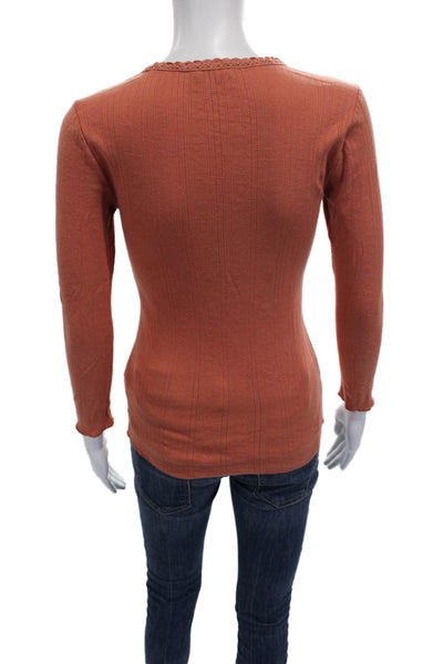 Doen Womens Basic Orange Cotton Round Neck Long Sleeve T-Shirt Size S