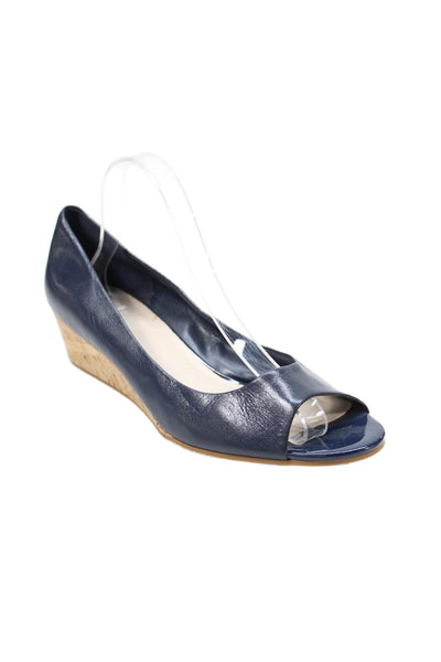 Cole Haan Womens Leather Open Toe Wedge Heels Shoes Navy Blue Size 11B