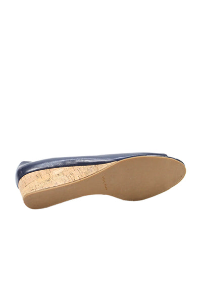 Cole Haan Womens Leather Open Toe Wedge Heels Shoes Navy Blue Size 11B