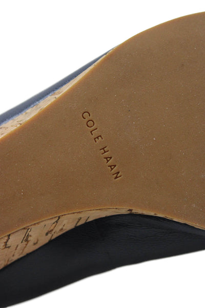 Cole Haan Womens Leather Open Toe Wedge Heels Shoes Navy Blue Size 11B