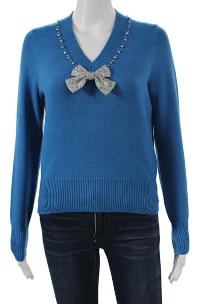 Kate Spade Women Pullover Sweater V-Neck Long Sleeve Blue Acrylic Size XS