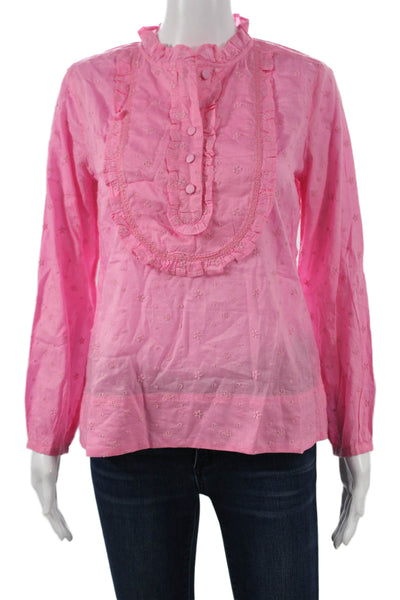 J Crew Women Pink Floral Cotton High Neck Long Sleeve Tunic Blouse Size XS