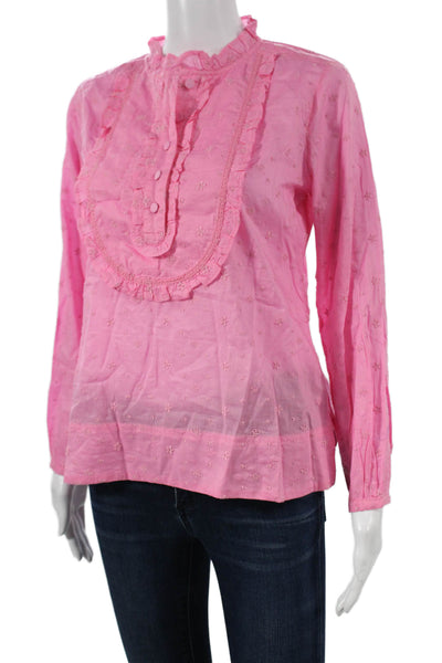 J Crew Women Pink Floral Cotton High Neck Long Sleeve Tunic Blouse Size XS