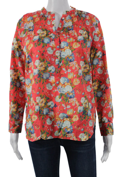 J Crew Womens Red Floral Henley Tunic Blouse Long Sleeve Cotton Size 0