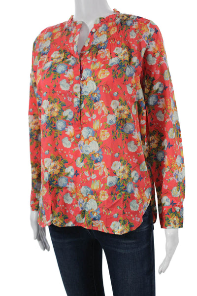 J Crew Womens Red Floral Henley Tunic Blouse Long Sleeve Cotton Size 0