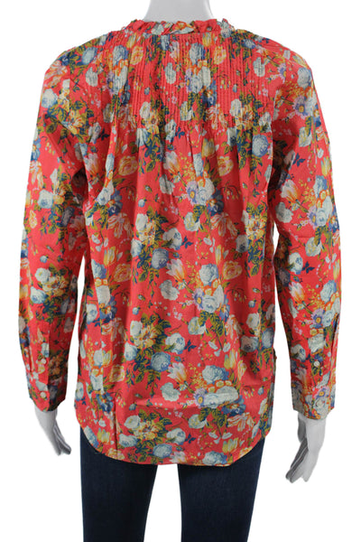 J Crew Womens Red Floral Henley Tunic Blouse Long Sleeve Cotton Size 0