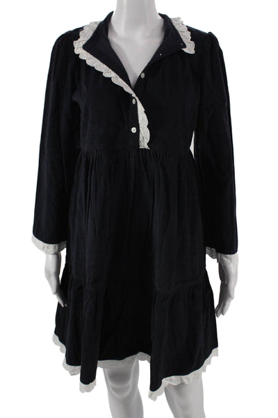 Madison Mathews Women Corduroy A-Line Collared Short Black Cotton Dress Button S