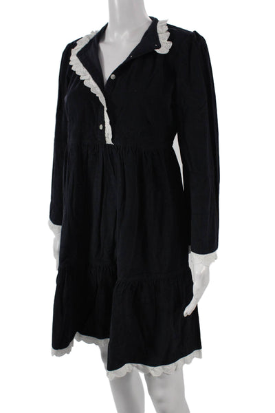 Madison Mathews Women Corduroy A-Line Collared Short Black Cotton Dress Button S