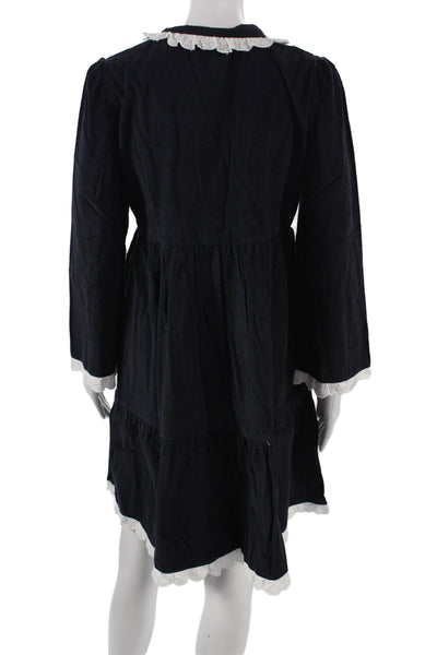 Madison Mathews Women Corduroy A-Line Collared Short Black Cotton Dress Button S