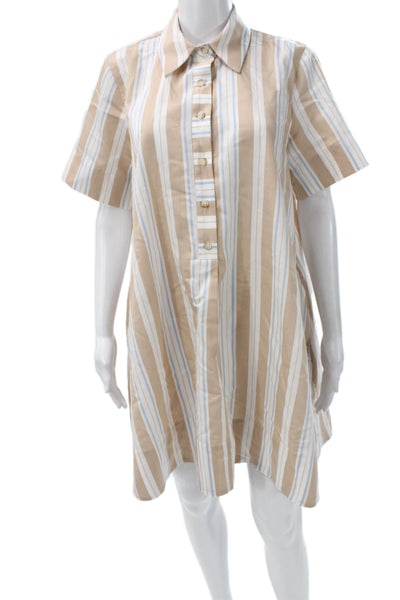 Anthropologie Women Shirt Dress Beige Striped Collar Button Short Sleeve Size S