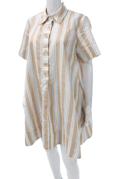 Anthropologie Women Shirt Dress Beige Striped Collar Button Short Sleeve Size S