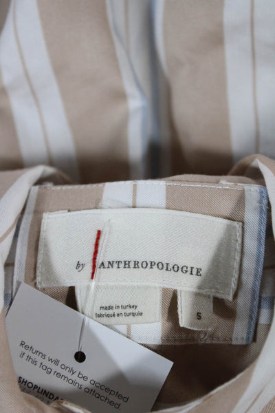 Anthropologie Women Shirt Dress Beige Striped Collar Button Short Sleeve Size S