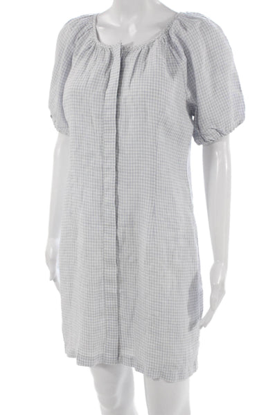 J Crew Womens Shift Dress Blue Gingham Linen Scoop Short Sleeve Petite Size 4