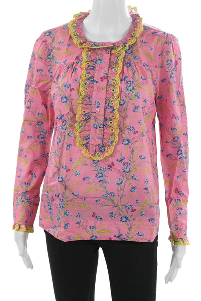 J Crew Women Pink Floral Collared Cotton Blouse Long Sleeve Button Size XS
